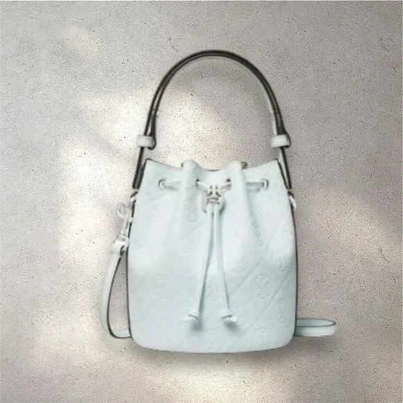 ハンドバッグ [Tory Burch] T Monogram Leather Mini Bucket Bag - ICE BLUE T Monogram Leather Mini Bucket Bag, Ice Blue | Tory Burch KSA